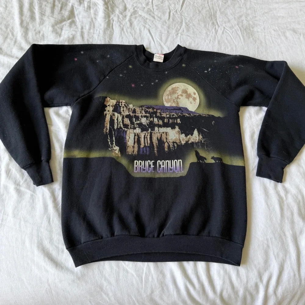 Vintage 1991 Bryce Canyon Sweatshirt Wolf Moon Black XL Mens - Picture 4 of 7